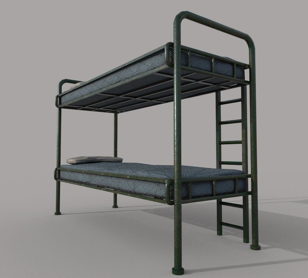 Old Green Bunk Bed Mattress and Pillows Low-poly 3D model_2