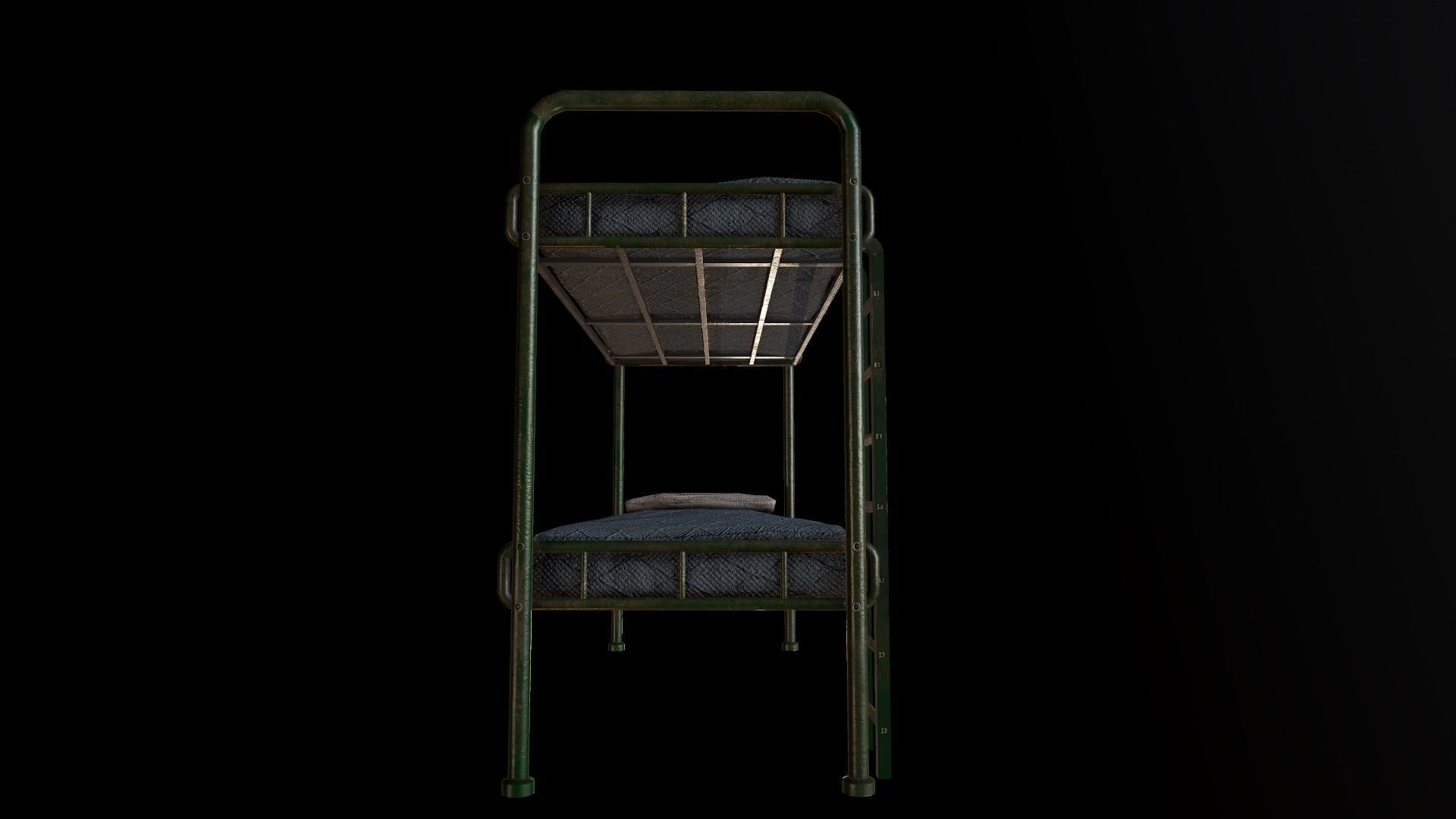 Old Green Bunk Bed Mattress and Pillows Low-poly 3D model_6