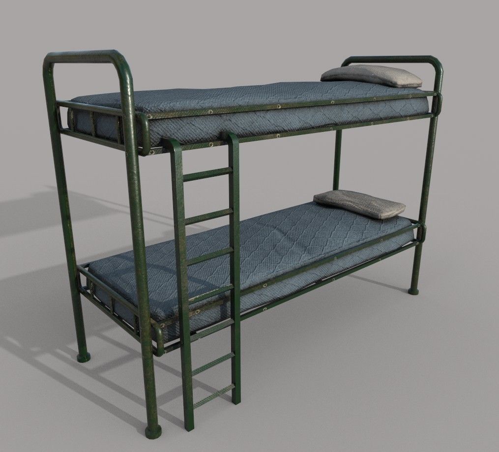 Old Green Bunk Bed Mattress and Pillows Low-poly 3D model_3