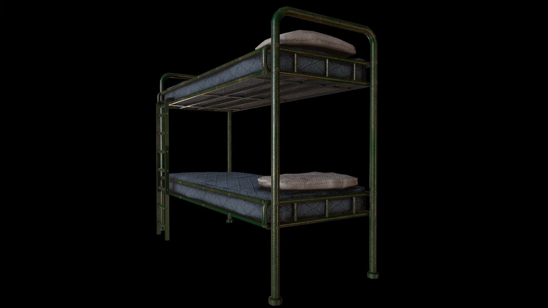 Old Green Bunk Bed Mattress and Pillows Low-poly 3D model_5