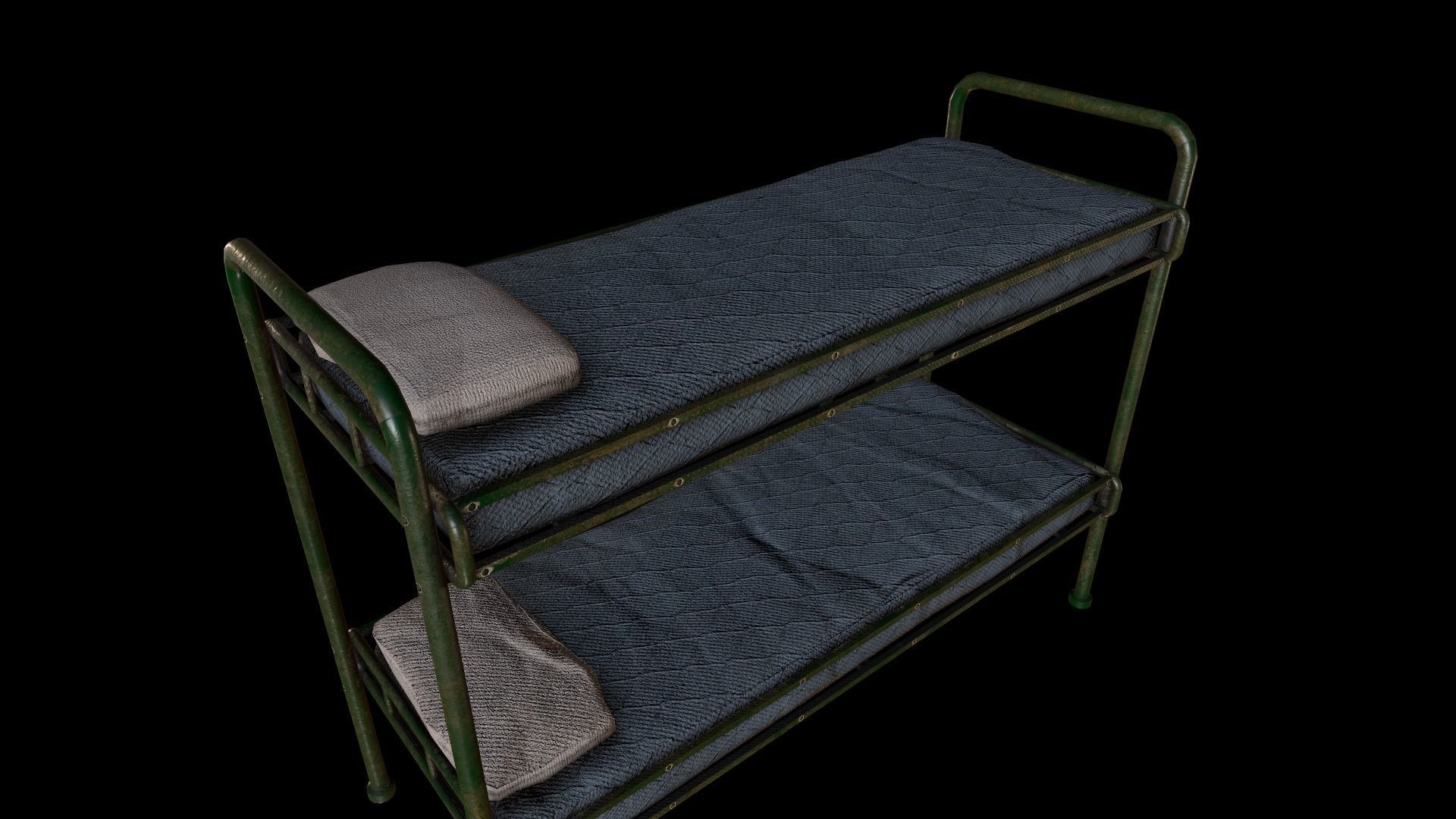 Old Green Bunk Bed Mattress and Pillows Low-poly 3D model_7