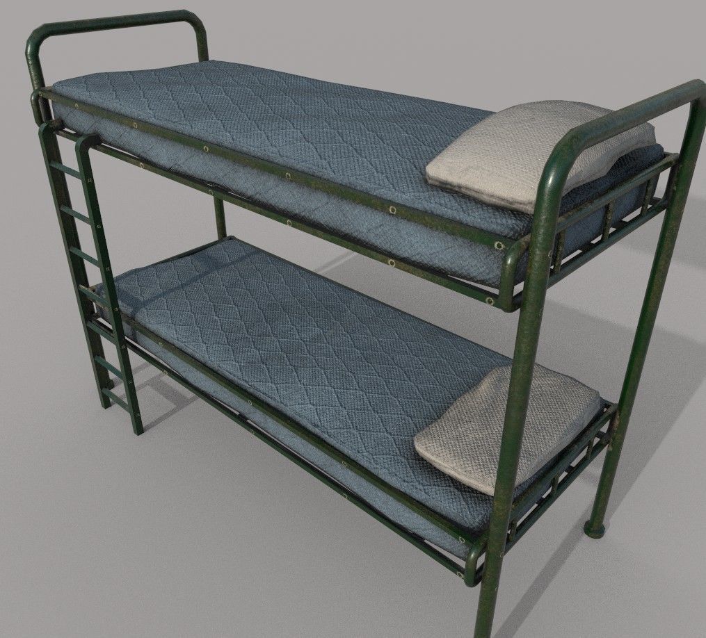 Old Green Bunk Bed Mattress and Pillows Low-poly 3D model_4