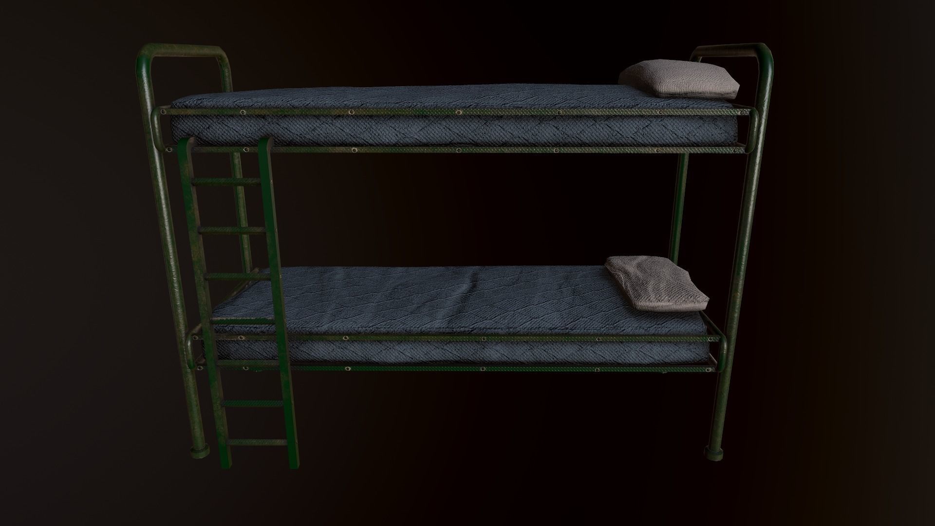 Old Green Bunk Bed Mattress and Pillows Low-poly 3D model_8