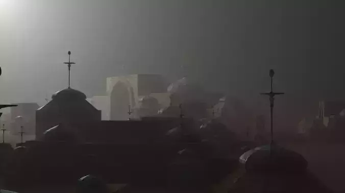 Uzbekistan 3d model city with domes in fog 3D model