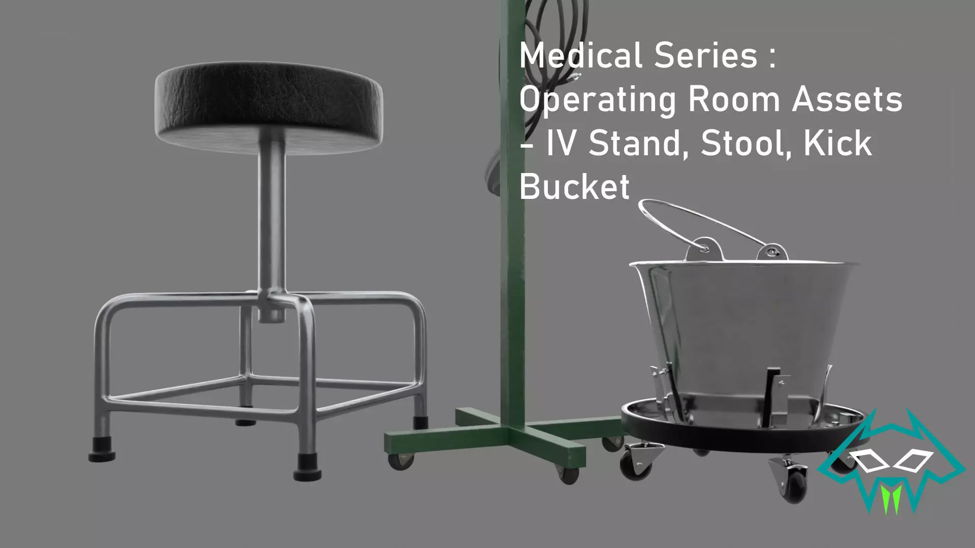 Medical Series - Operating Room - IV Stand Stool and Kick Bucket Low-poly 3D model