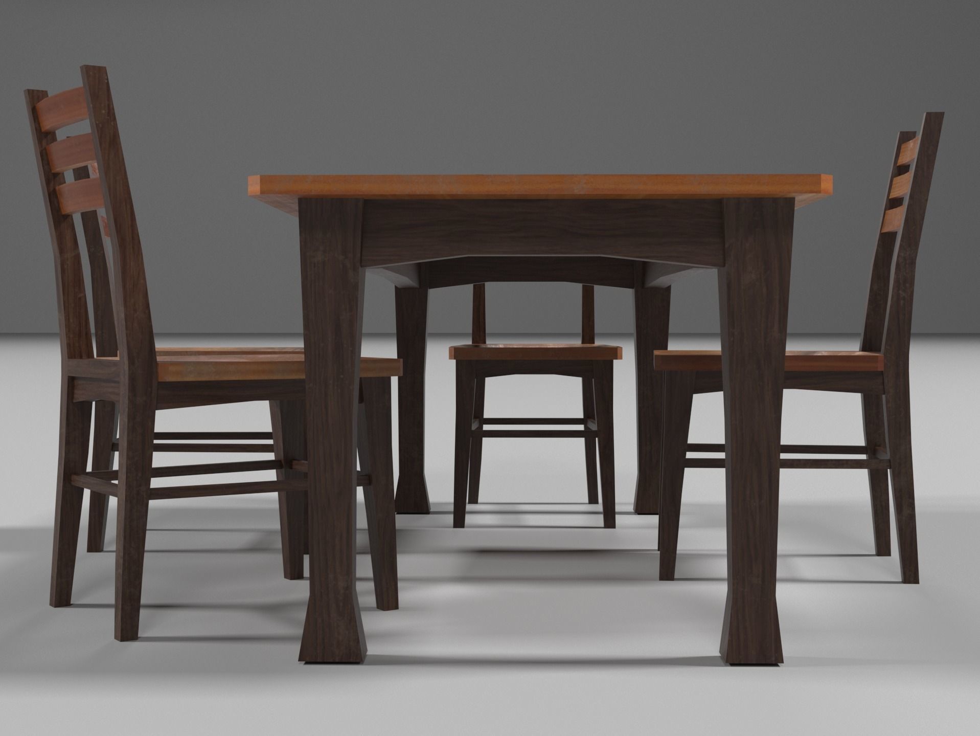 Wooden dinning table and chairs Low-poly 3D model_4