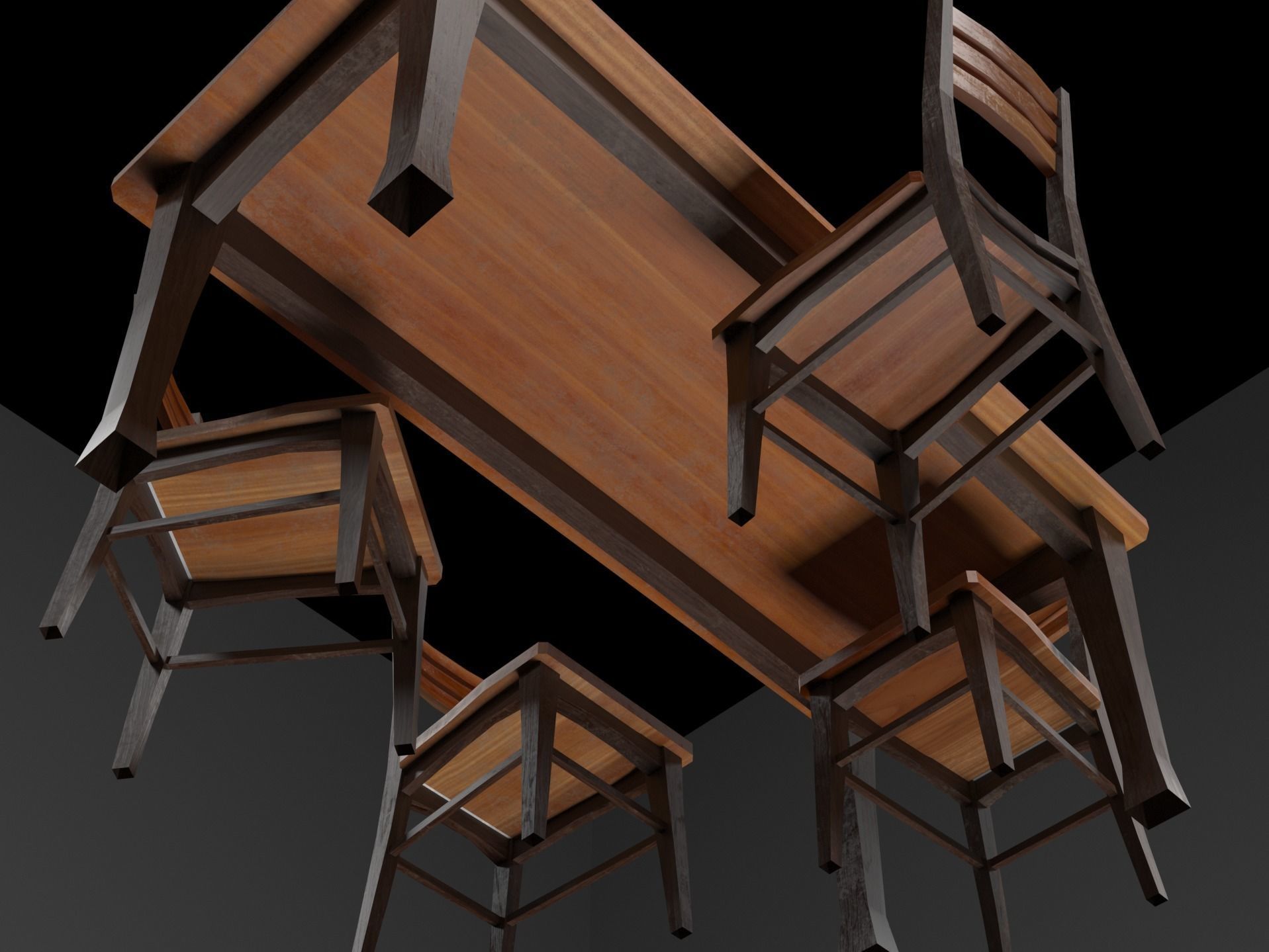 Wooden dinning table and chairs Low-poly 3D model_3