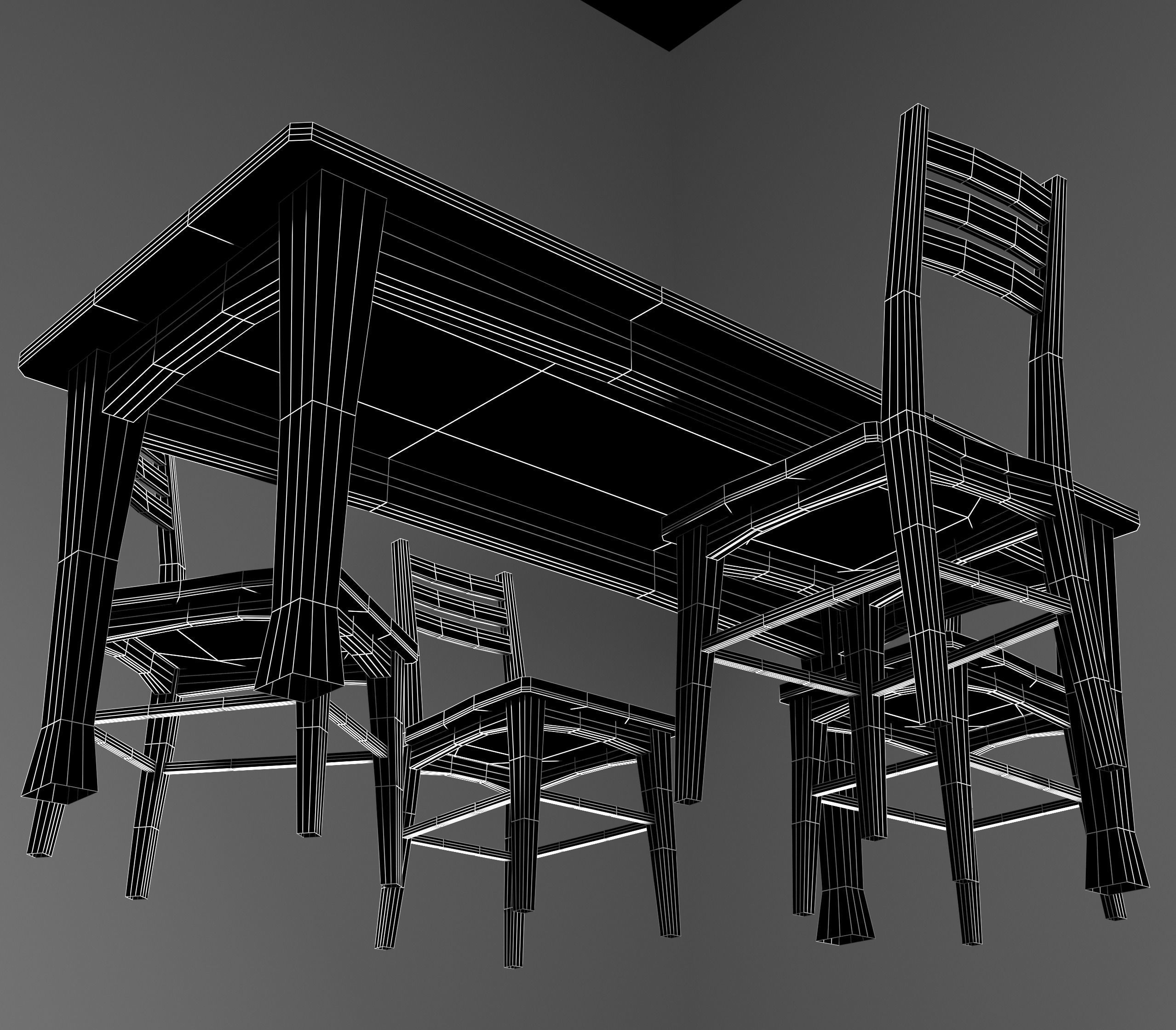Wooden dinning table and chairs Low-poly 3D model_7