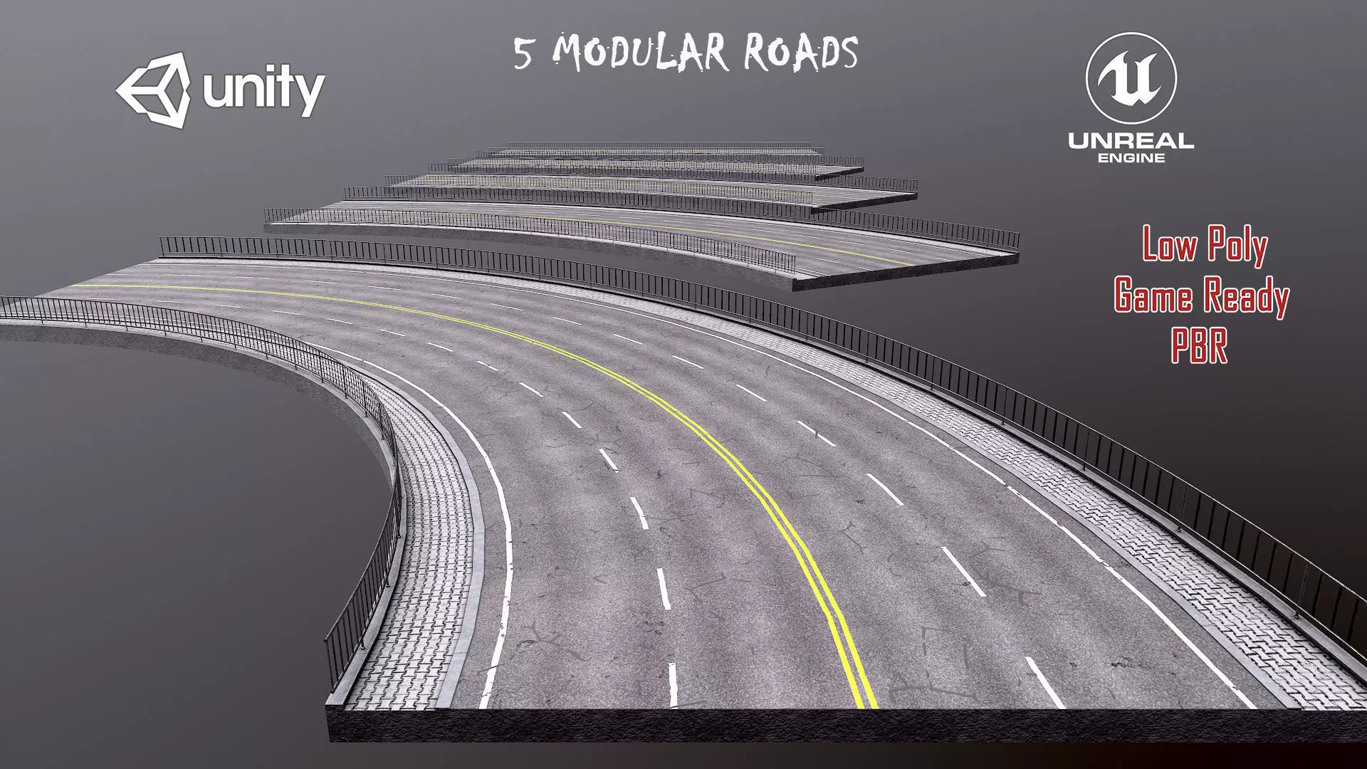 Modular Highway Roads PBR Low-poly 3D model