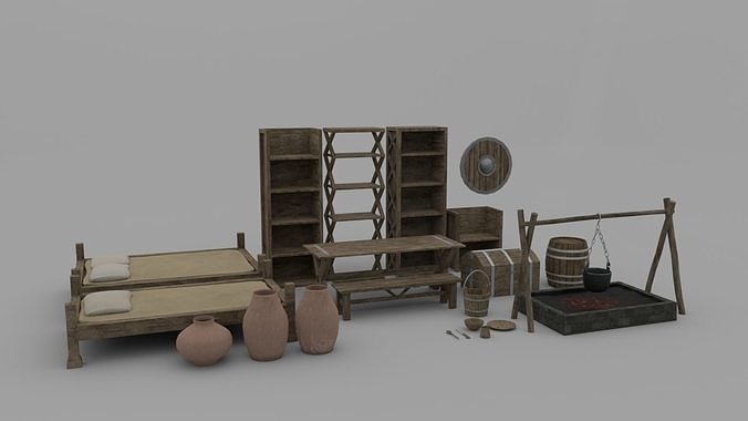 Medieval room furniture Low-poly 3D model