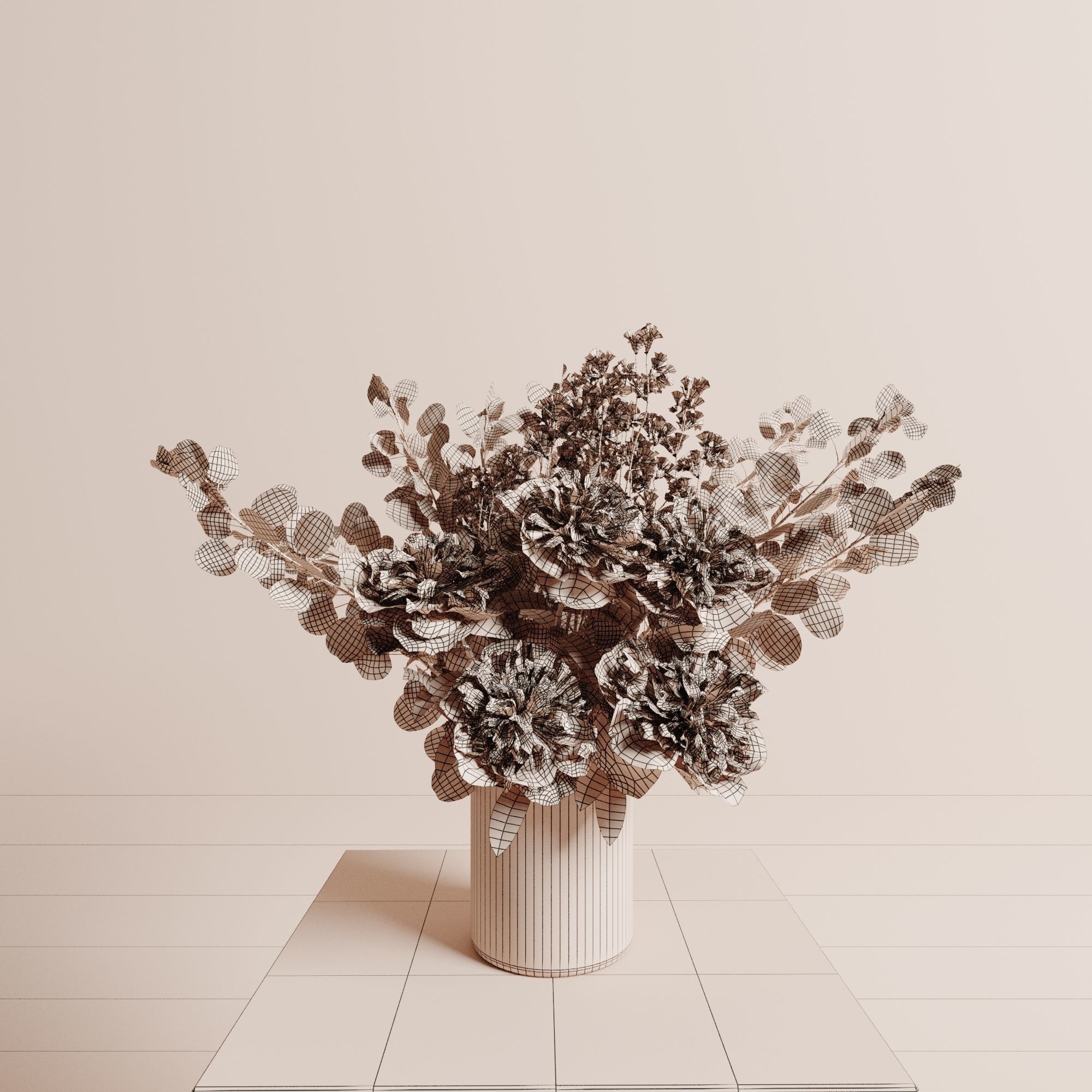 Bouquet of peonies vase set 3D model_3