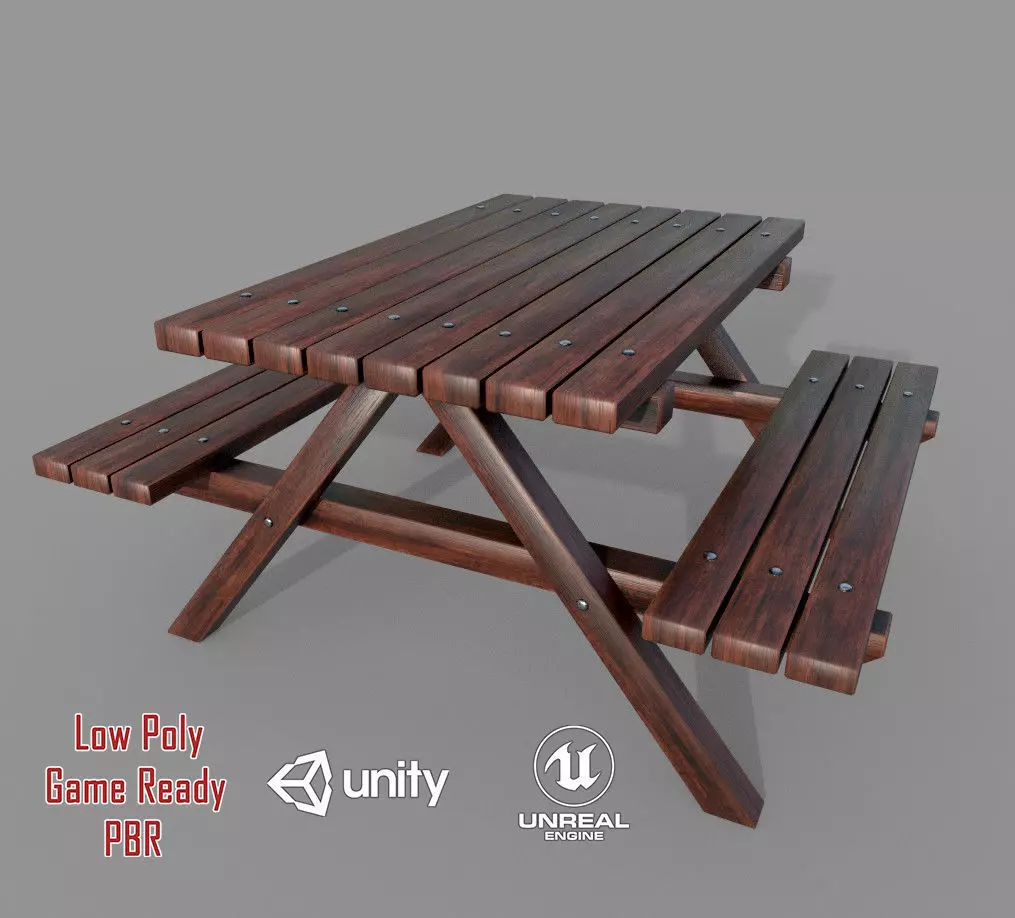 Wooden Picnic Table PBR - 3 Low-poly 3D model