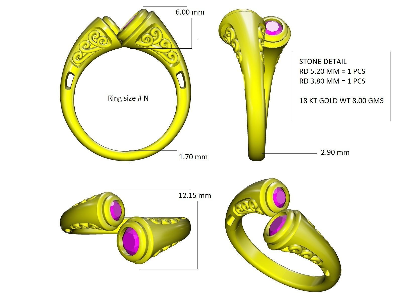 Fancy Scroll Gemstone Ends Dress Ring 3D print model_7