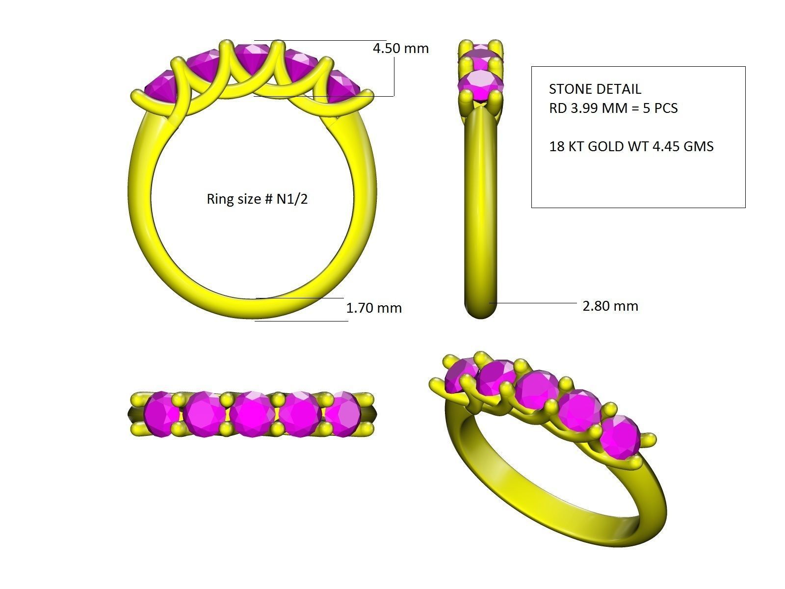 5 Stone Crisscross Claw Setting Ring Equaling 1ct 3D print model_7