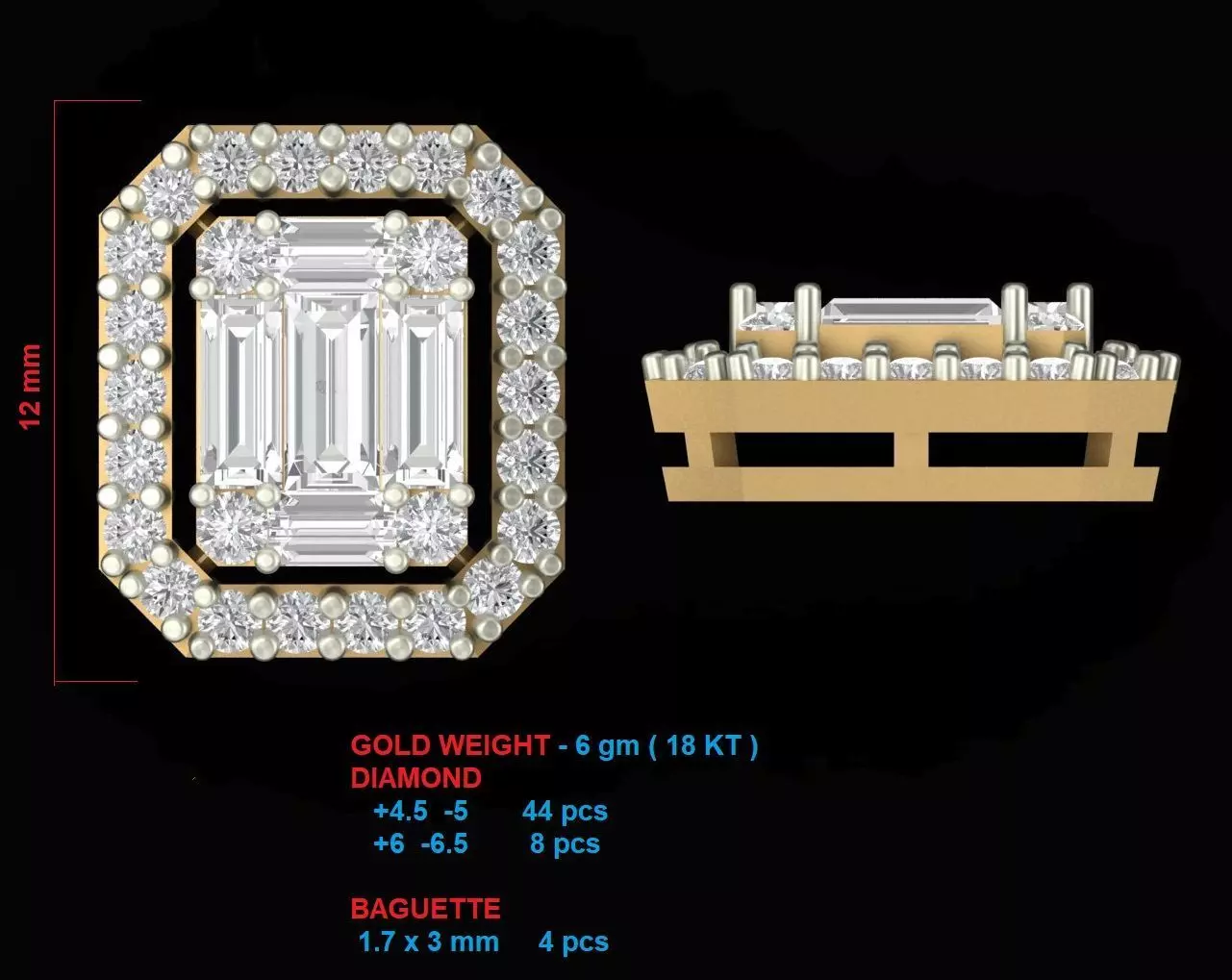 EARRING emerald cut diamond brooch Free 3D print model