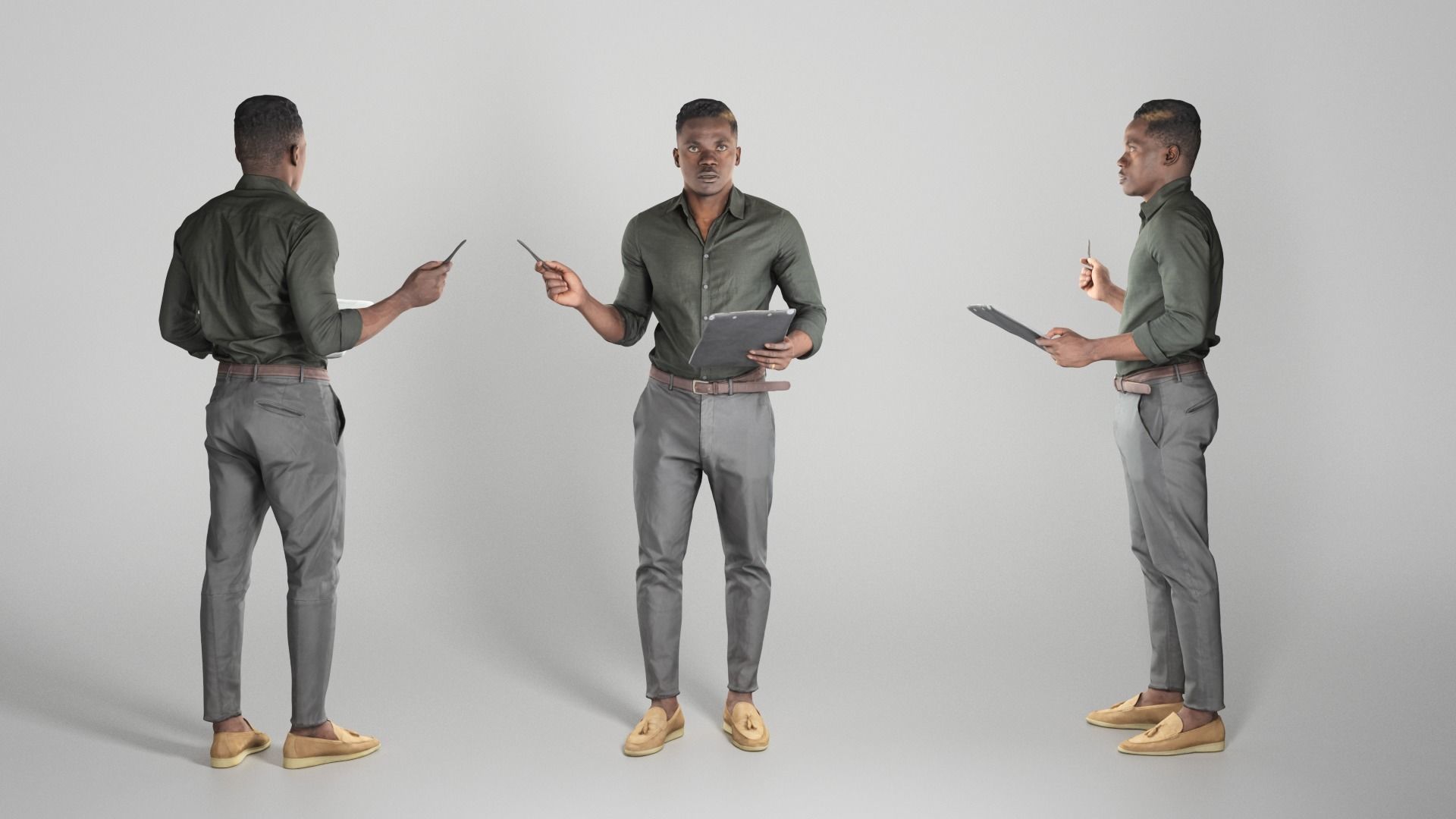 Young serious man with paper folder and pen 259 Low-poly 3D model_2