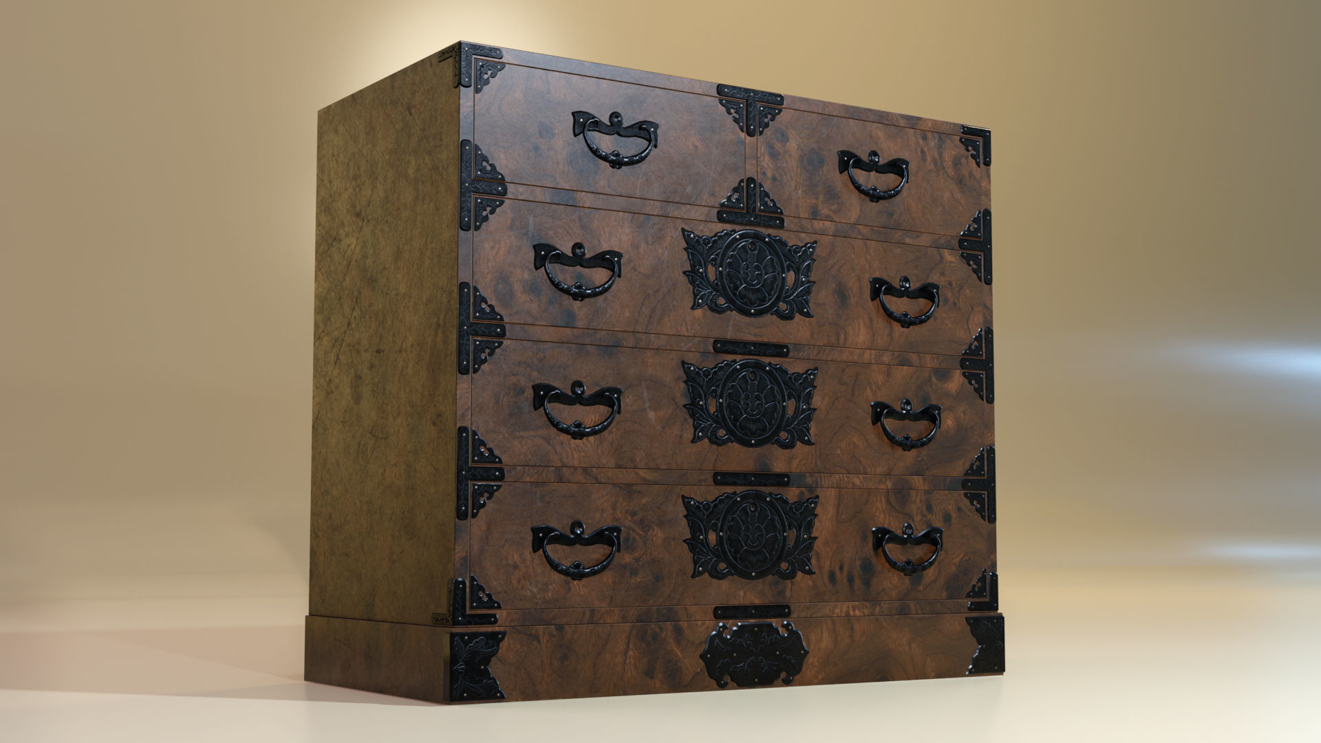 Japanese folk art chest of drawer 3D model_1