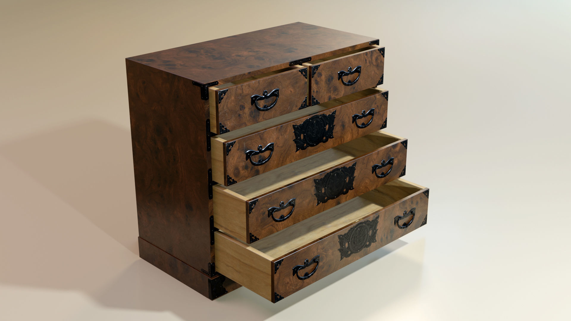 Japanese folk art chest of drawer 3D model_4