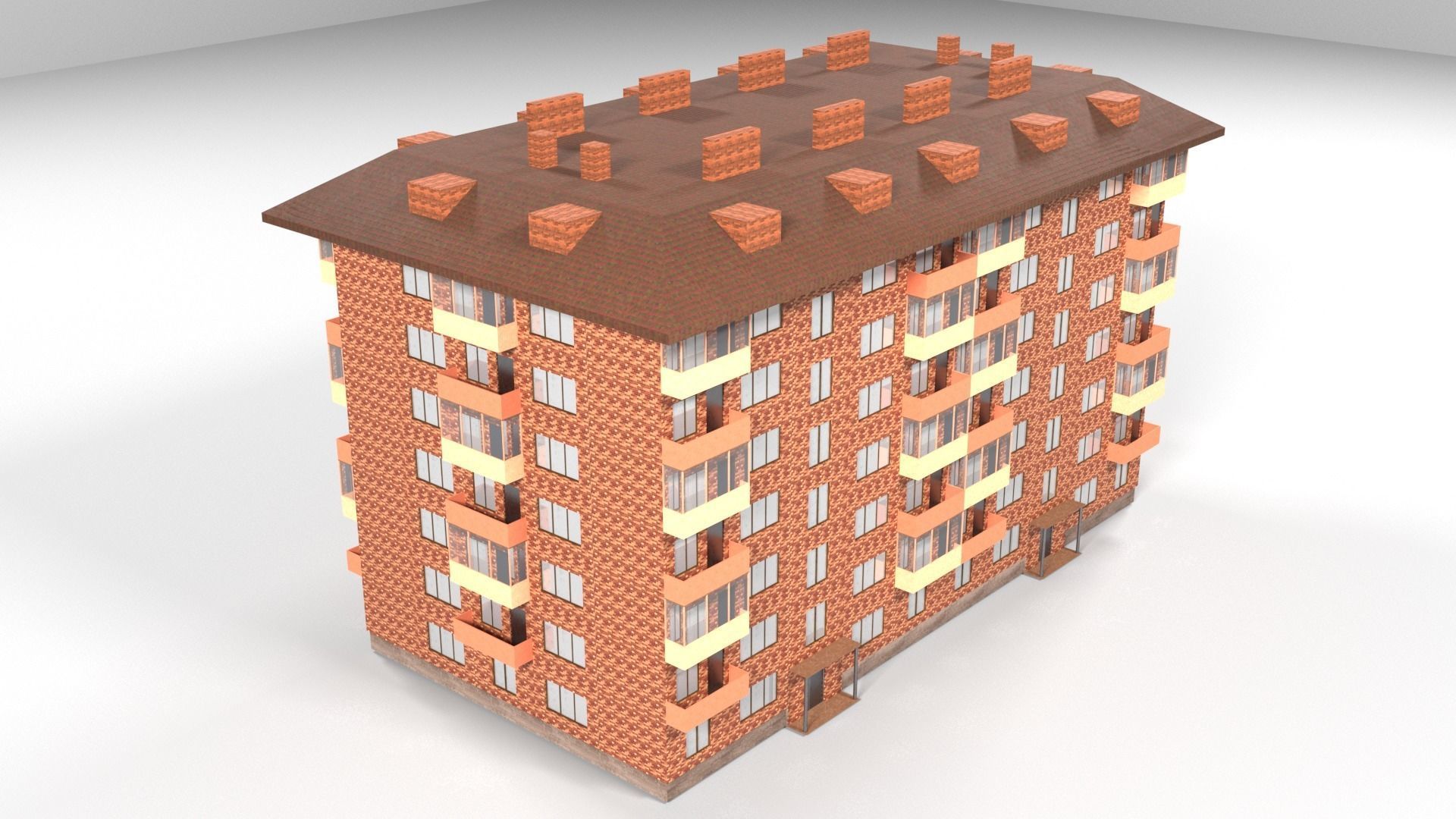 Red brick city building Low-poly 3D model_1