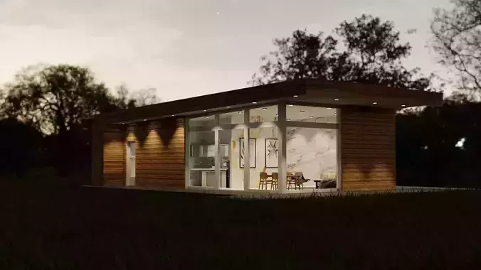 EXTERIOR tiny house in field at dusk