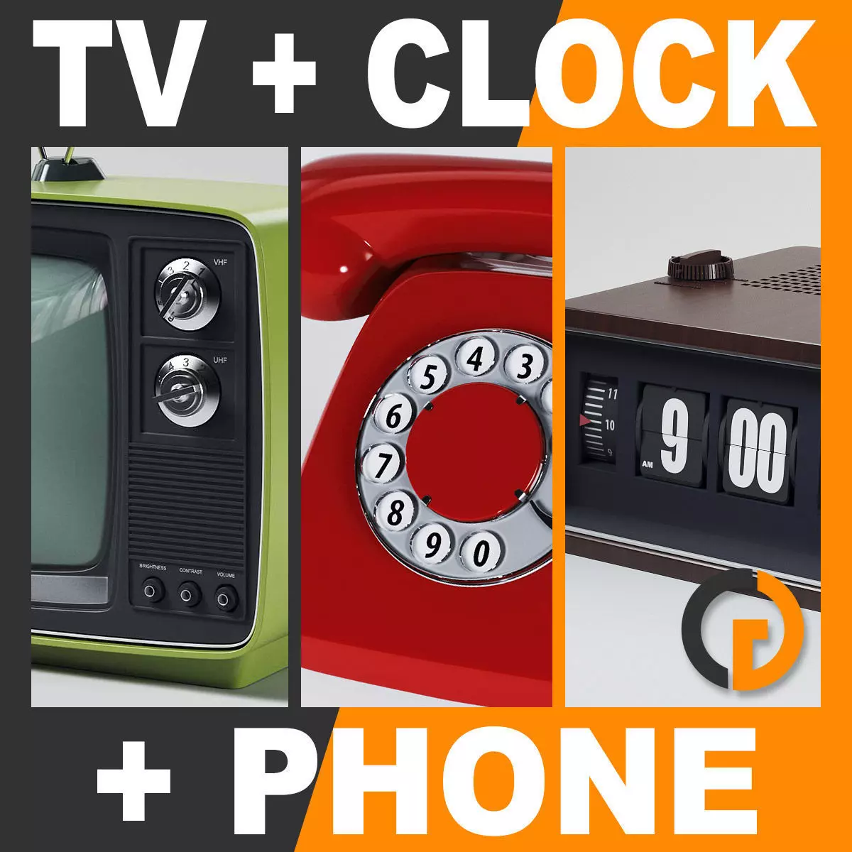 Retro Television Set Flip Clock and Telephone 3D model