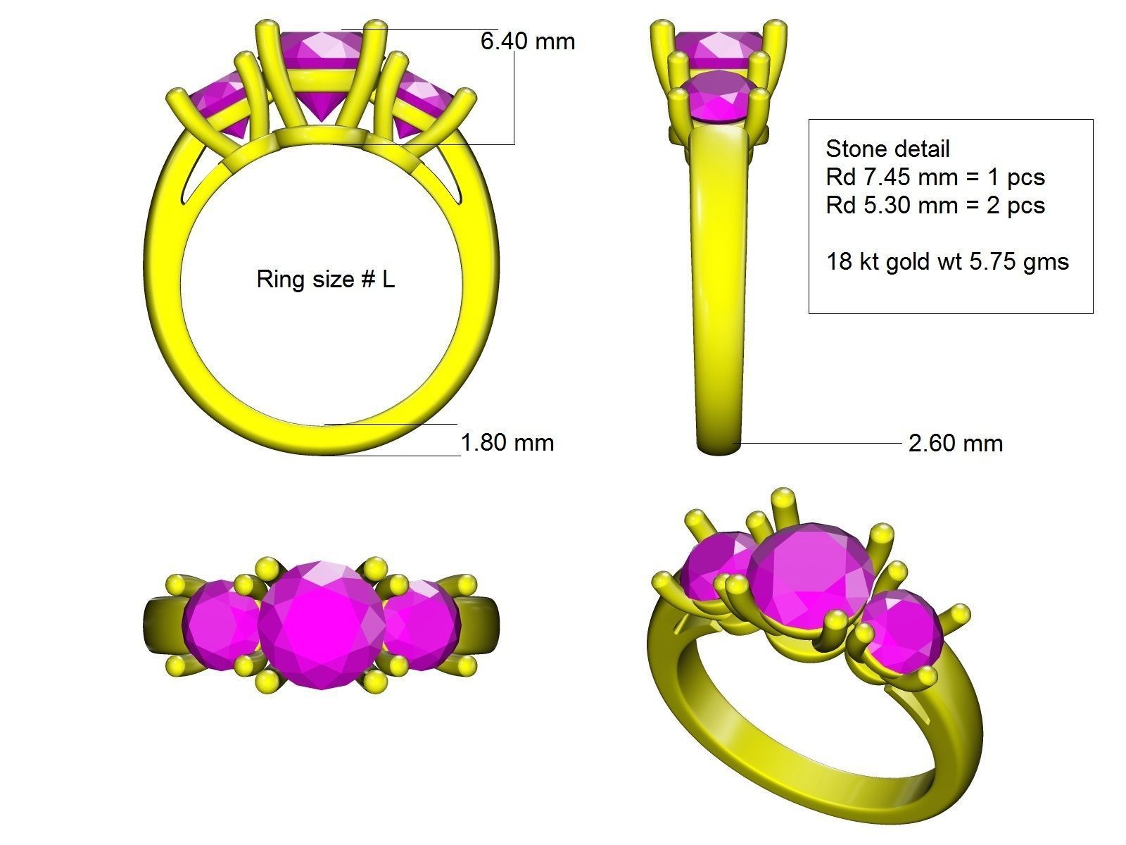 Trilogy 3 Stone Ring 3D print model_8