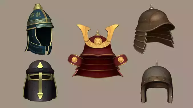 05 Asian Medieval Helmets - Character Design 3D Model Collection