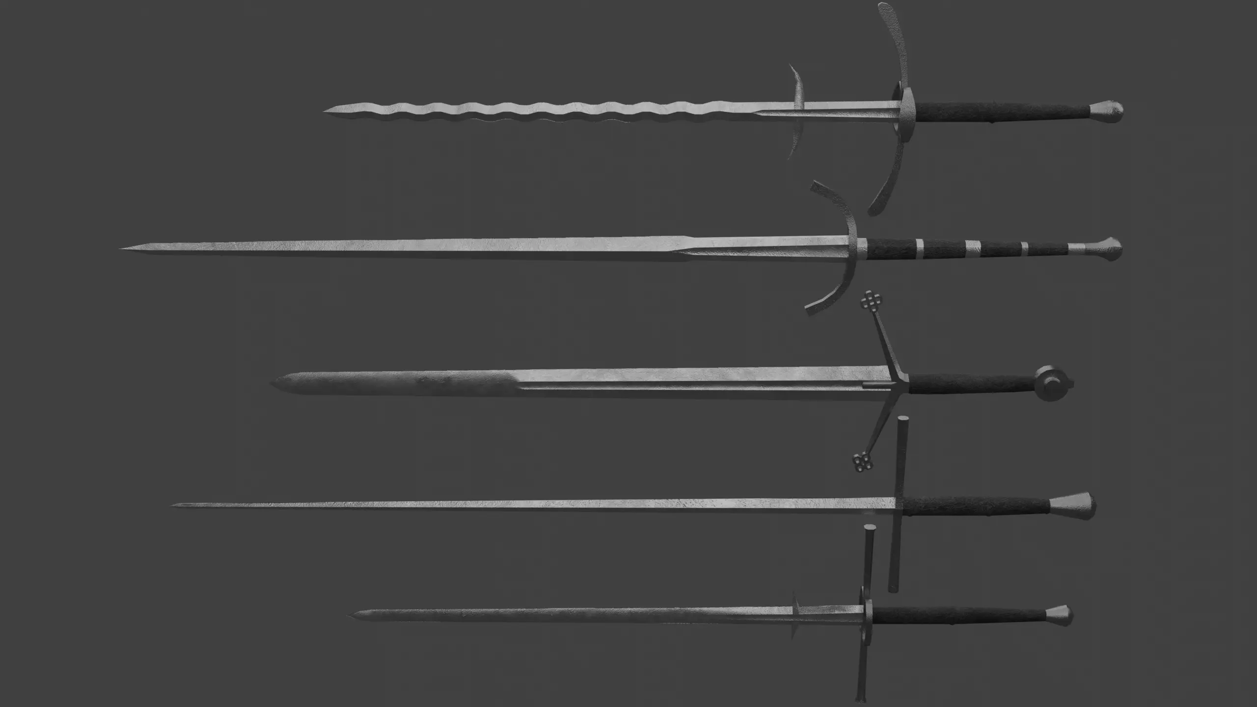 Set of Five Two-Handed Swords Low-poly 3D model_0