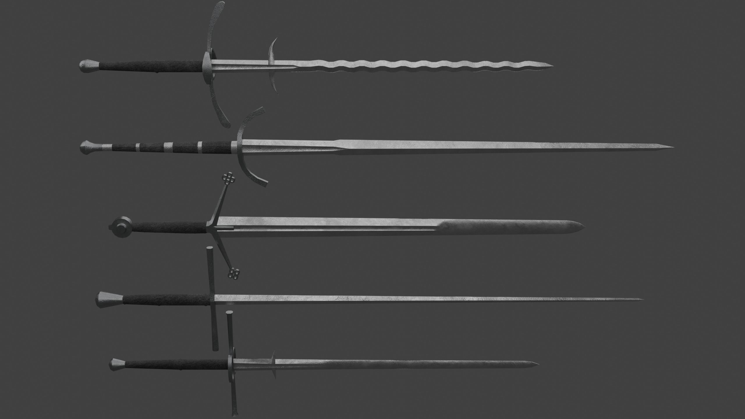 Set of Five Two-Handed Swords Low-poly 3D model_1