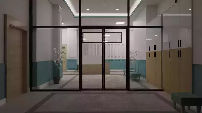 Lobby hallway with walls and glass doors