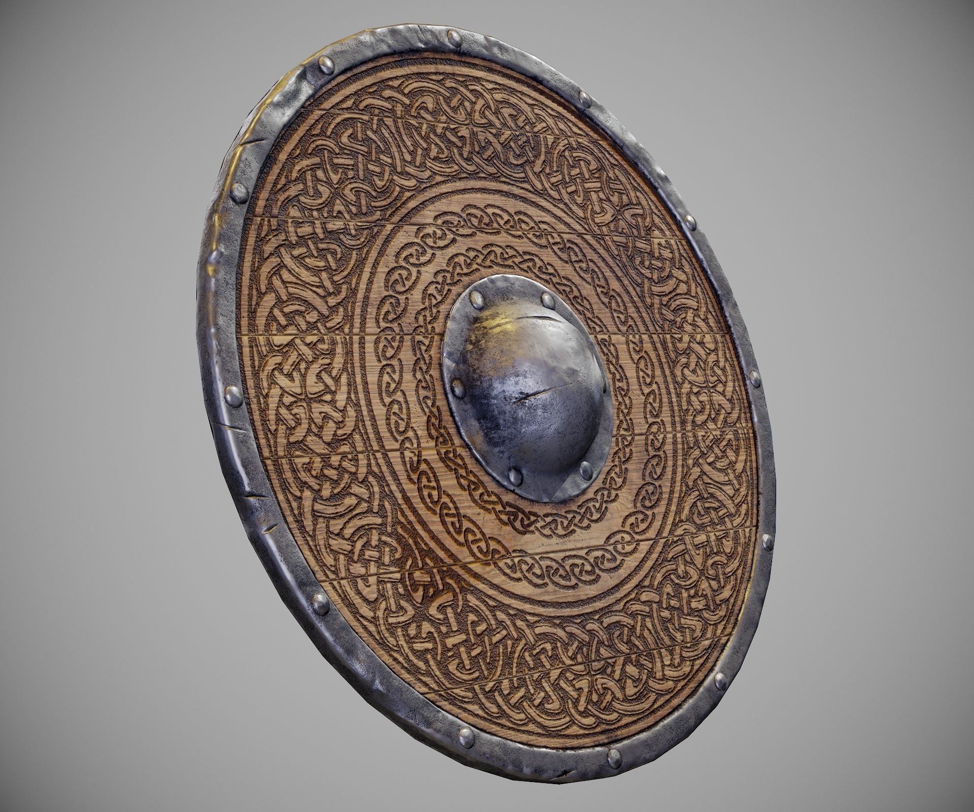 Round shield with carved nordic ornament Low-poly 3D model_7