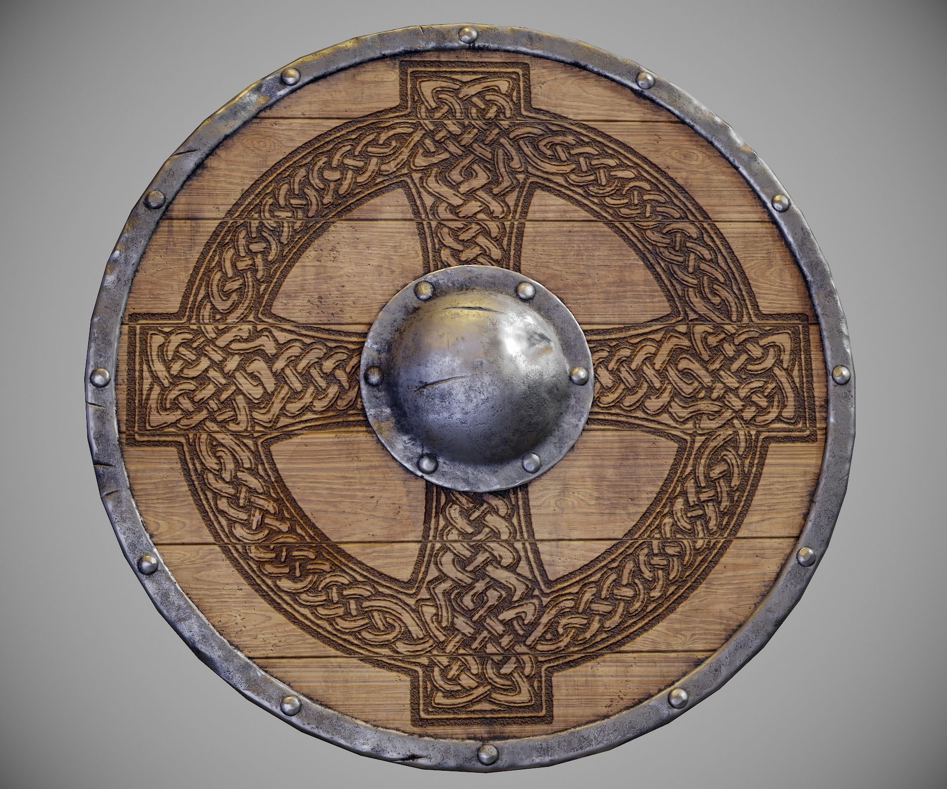 Round shield with carved nordic ornament Low-poly 3D model_10
