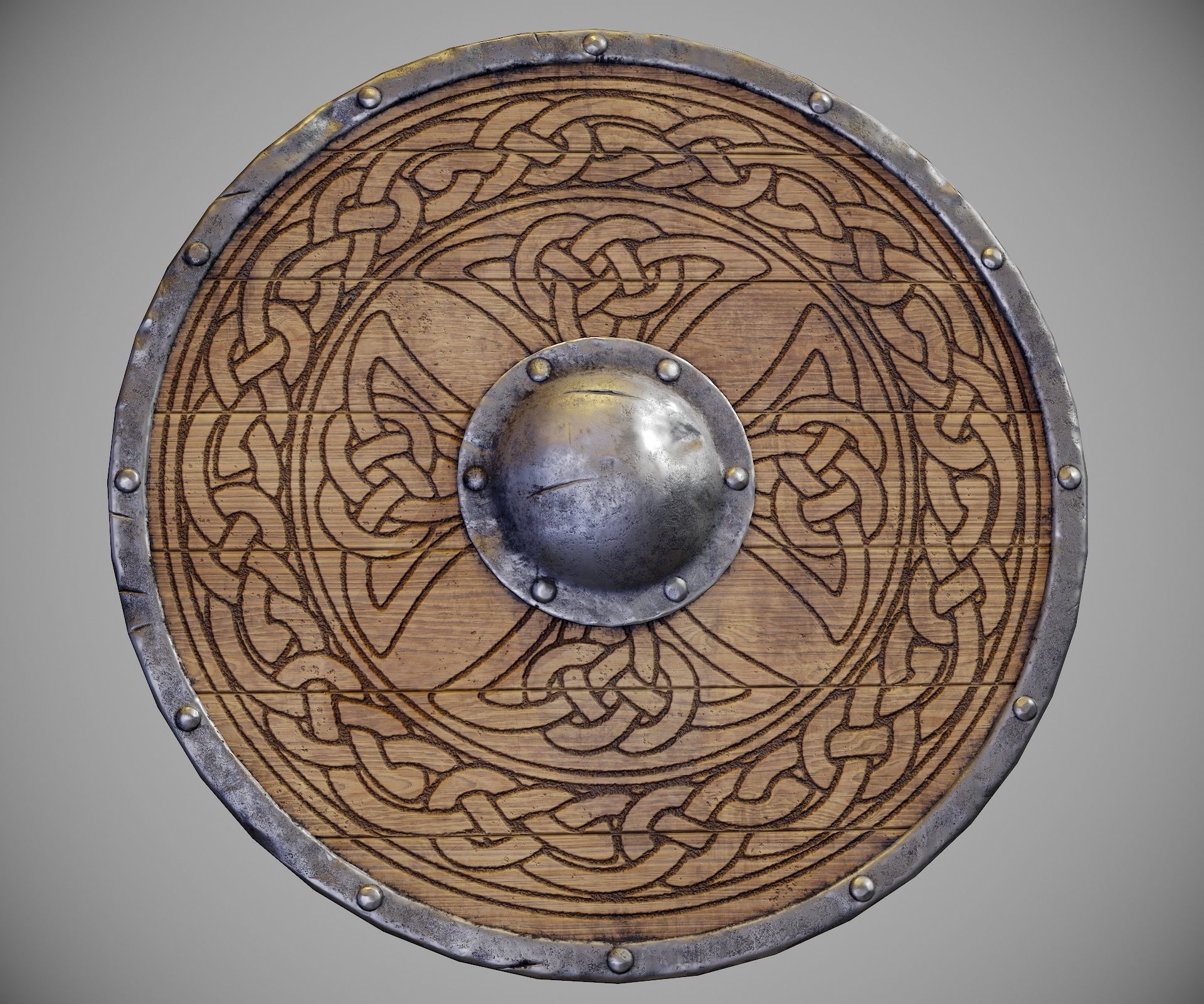 Round shield with carved nordic ornament Low-poly 3D model_12