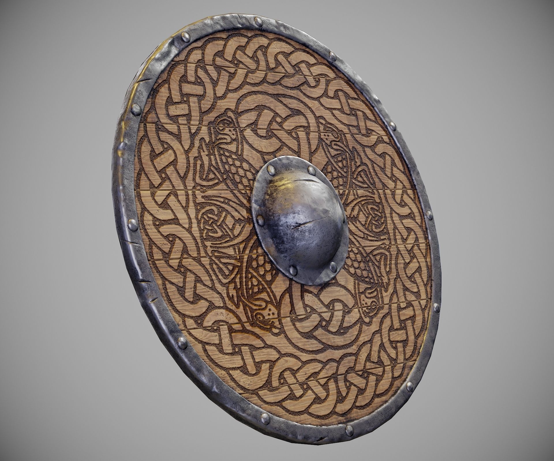 Round shield with carved nordic ornament Low-poly 3D model_9
