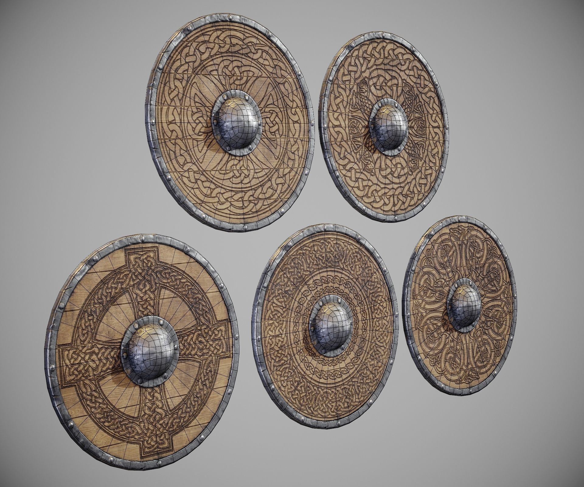 Round shield with carved nordic ornament Low-poly 3D model_4