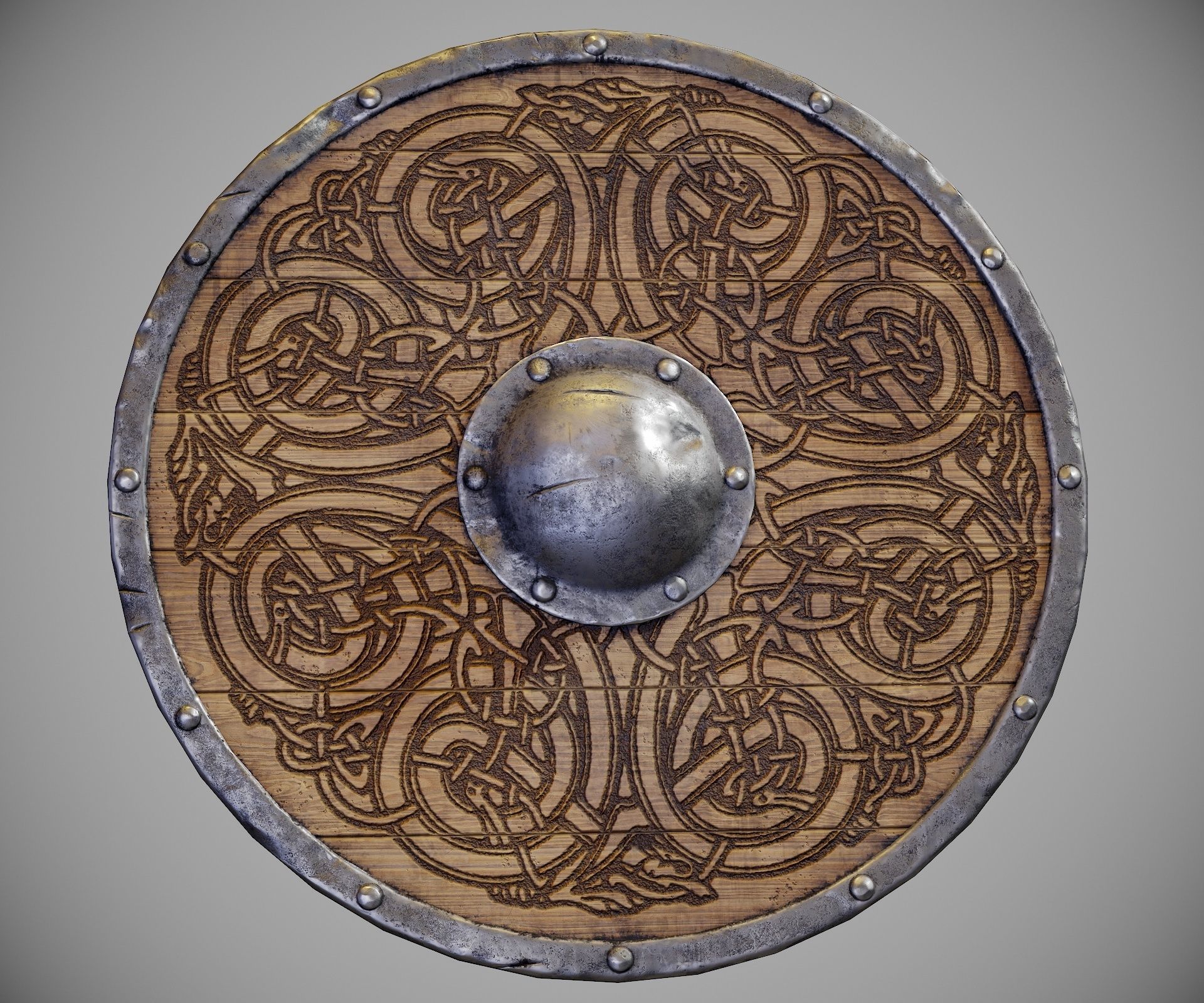 Round shield with carved nordic ornament Low-poly 3D model_11