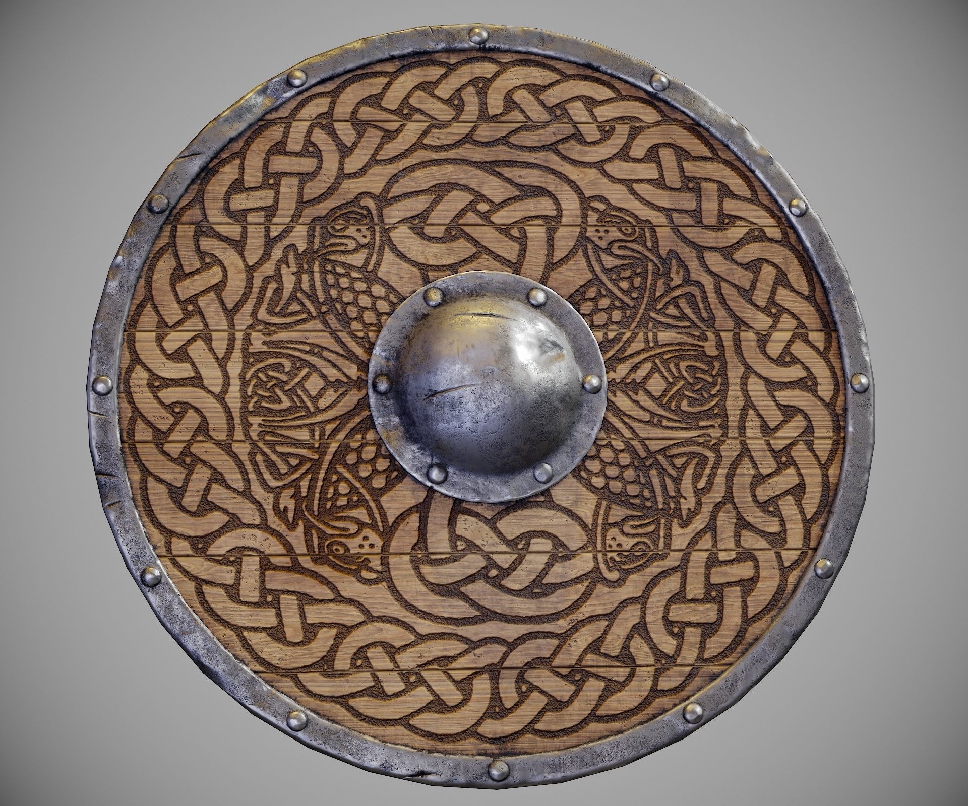 Round shield with carved nordic ornament Low-poly 3D model_14
