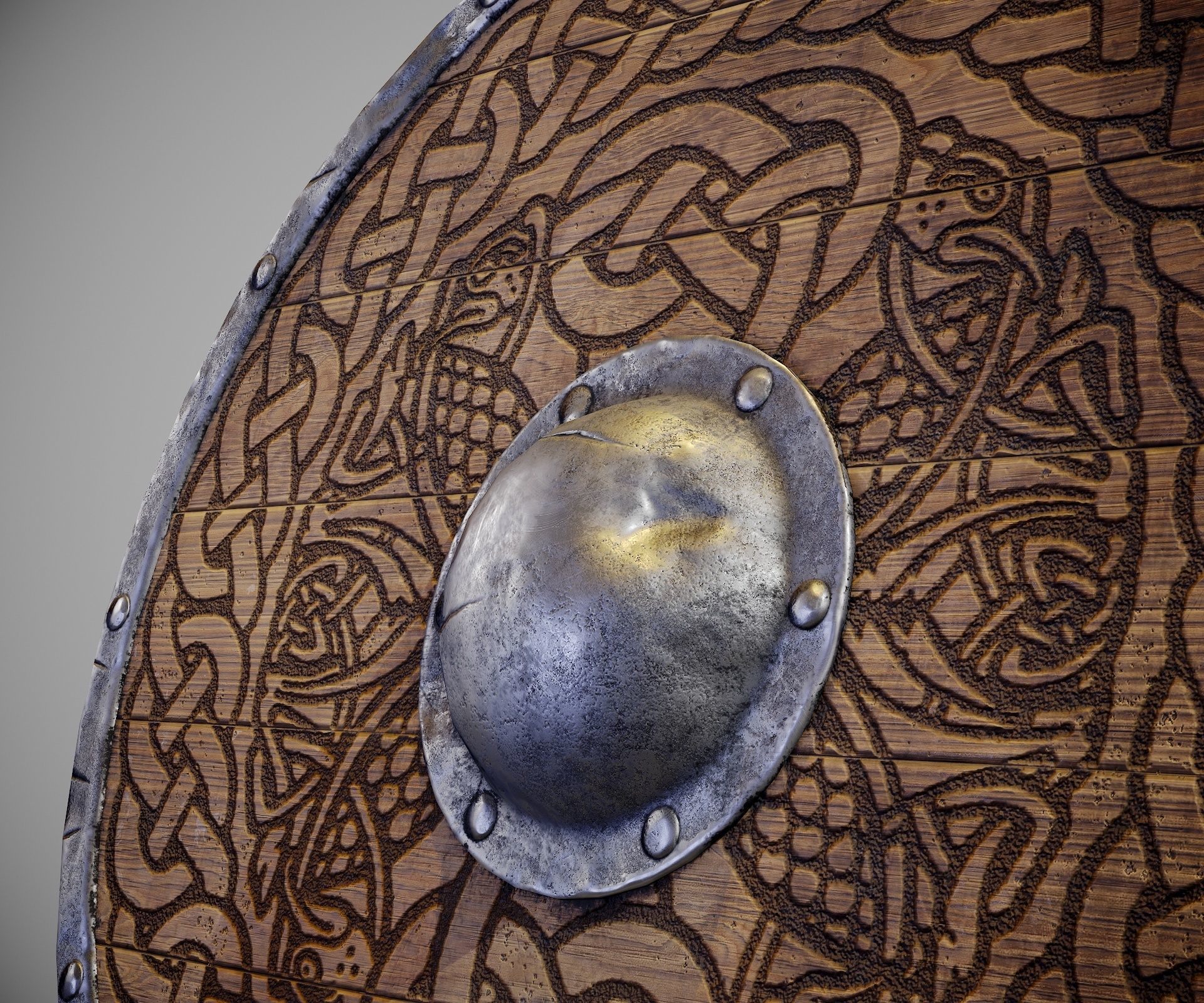 Round shield with carved nordic ornament Low-poly 3D model_15