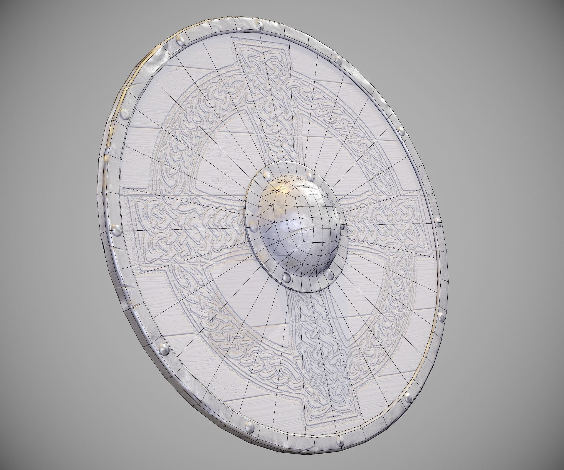 Round shield with carved nordic ornament Low-poly 3D model_22