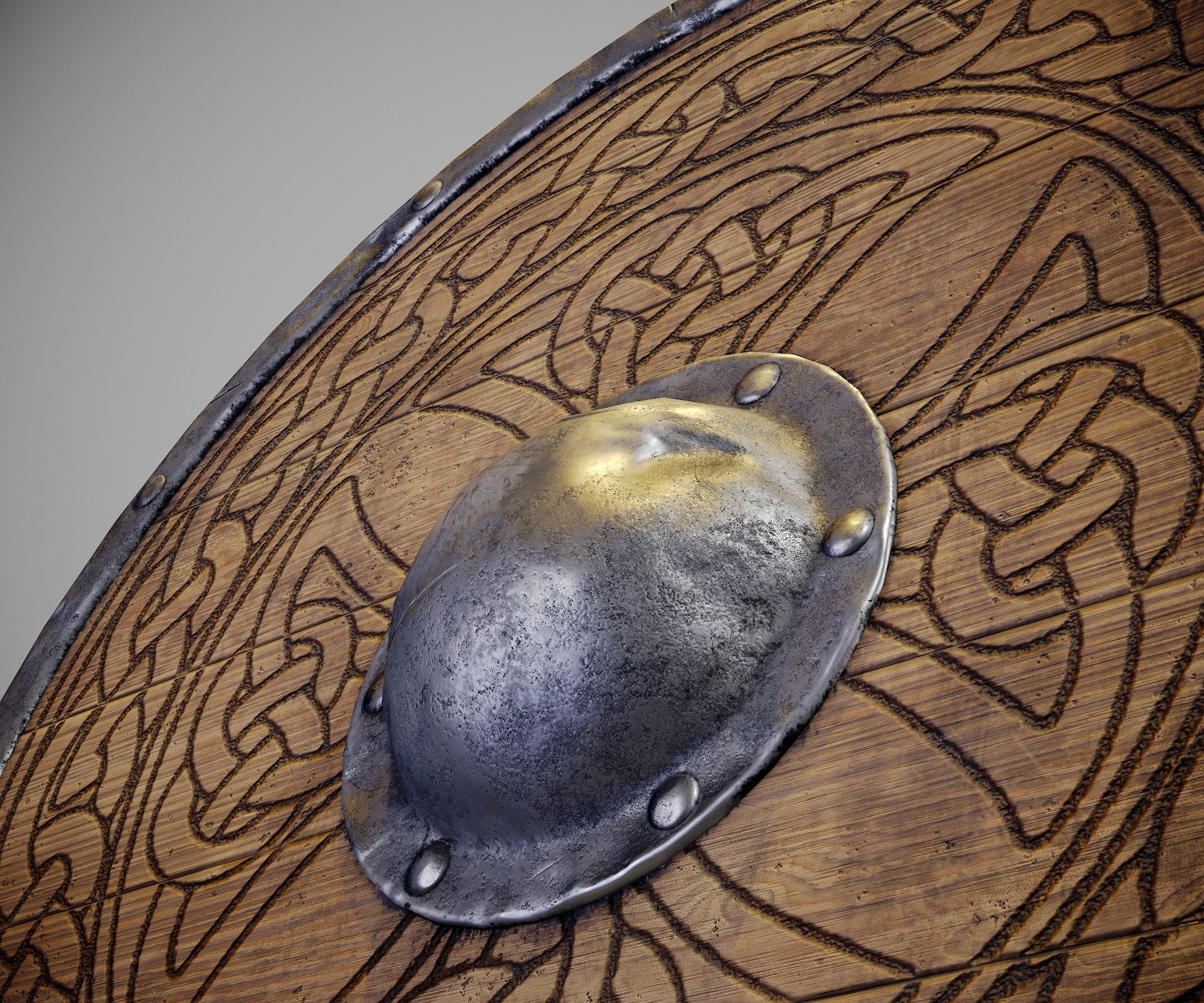 Round shield with carved nordic ornament Low-poly 3D model_16