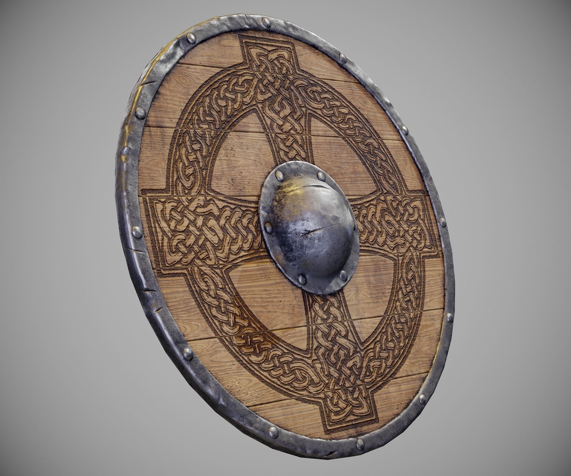 Round shield with carved nordic ornament Low-poly 3D model_5