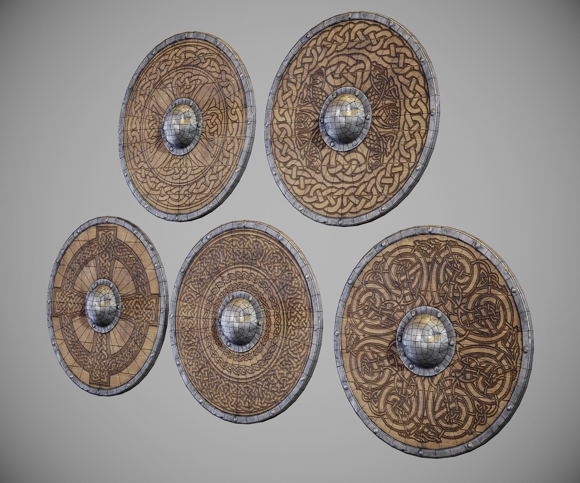 Round shield with carved nordic ornament Low-poly 3D model_2