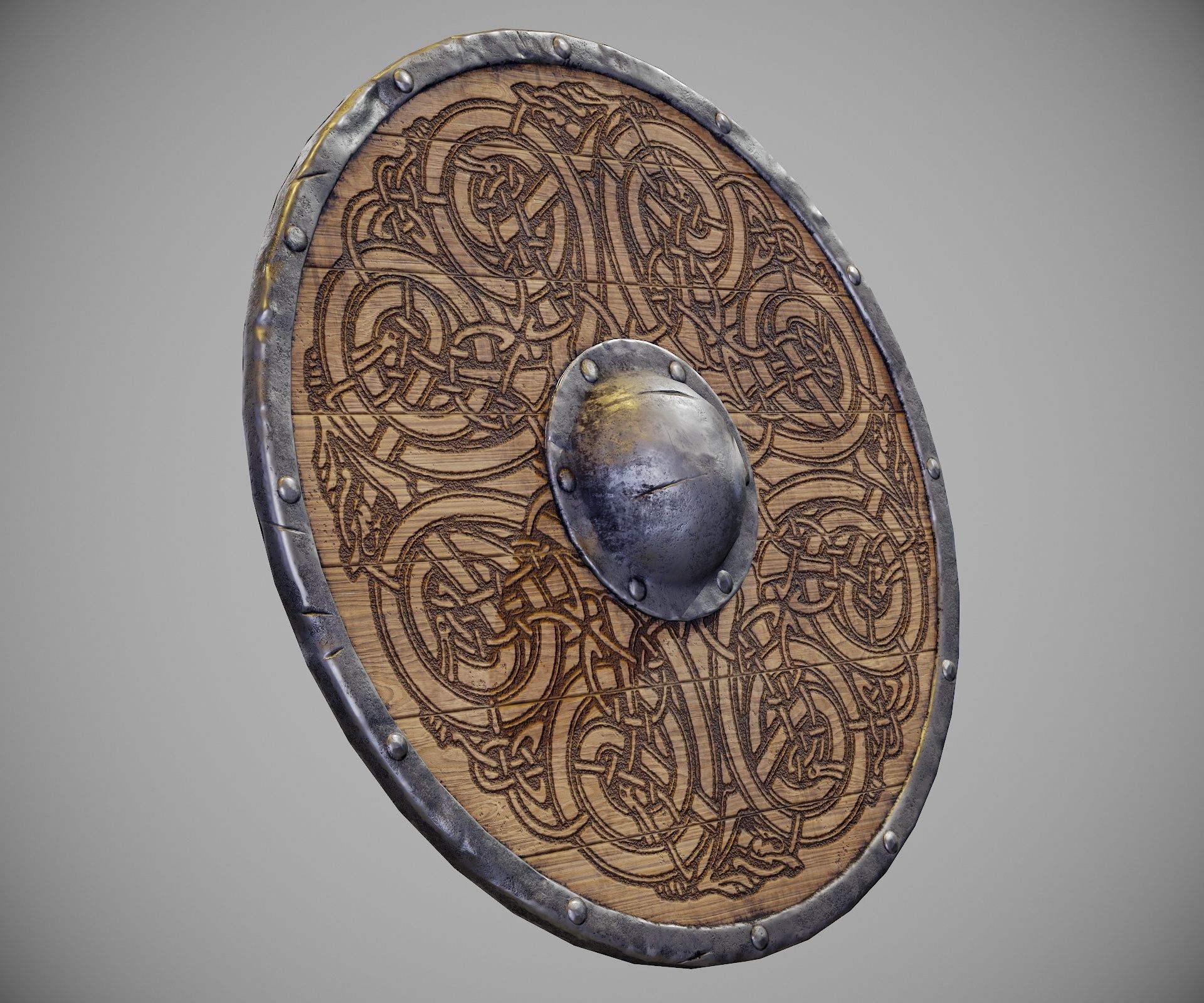 Round shield with carved nordic ornament Low-poly 3D model_6
