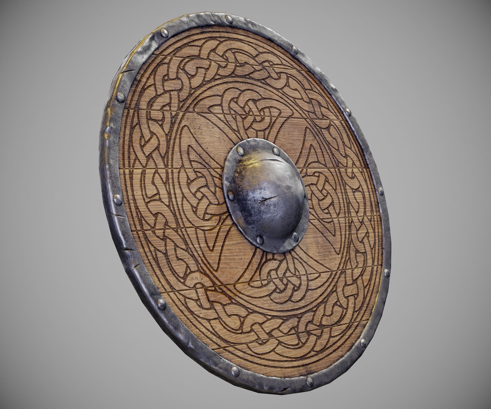 Round shield with carved nordic ornament Low-poly 3D model_8