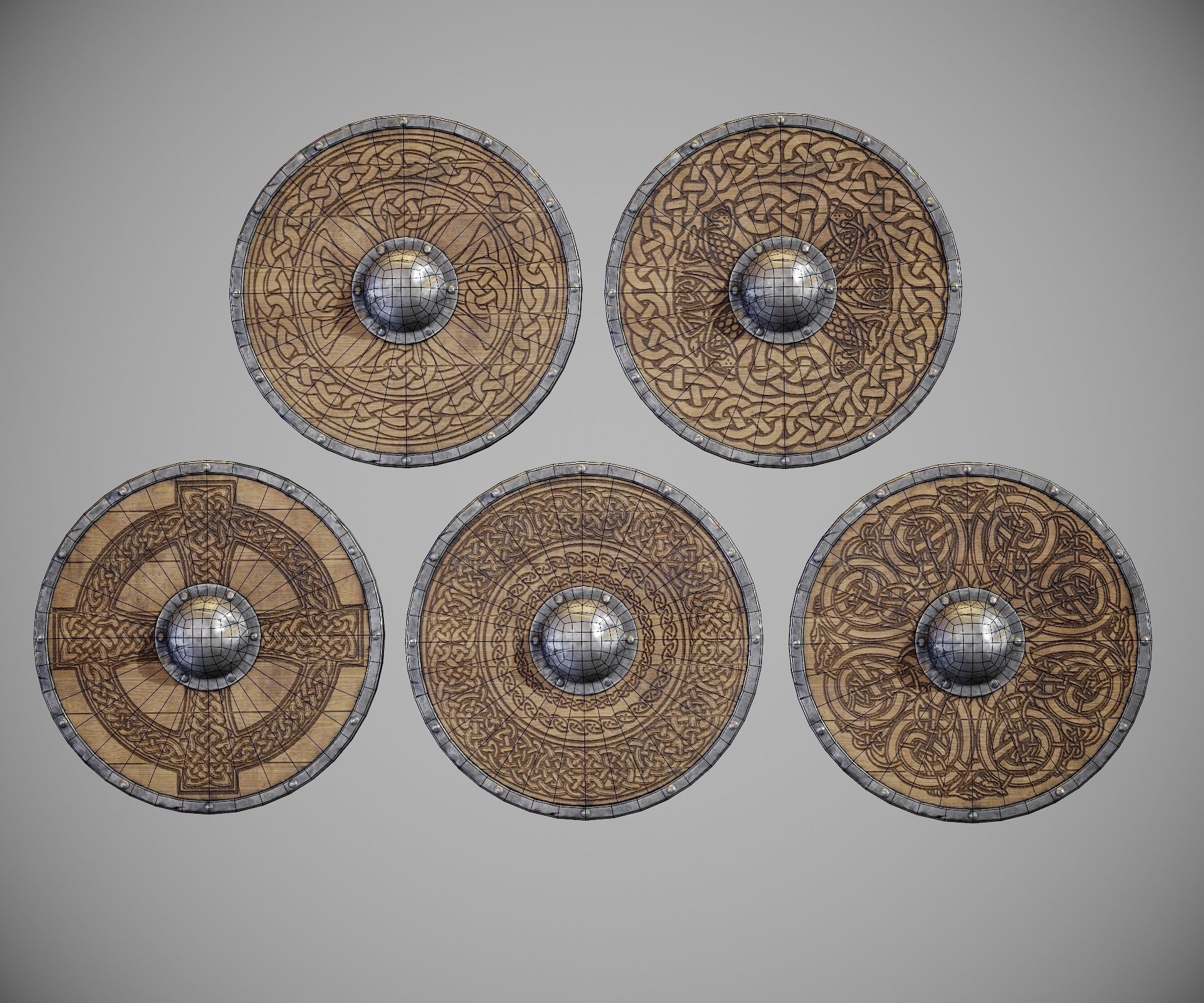 Round shield with carved nordic ornament Low-poly 3D model_3