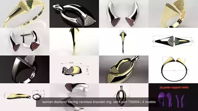woman diamond earring necklace bracelet ring  set 4 part T00004 3D Model Collection