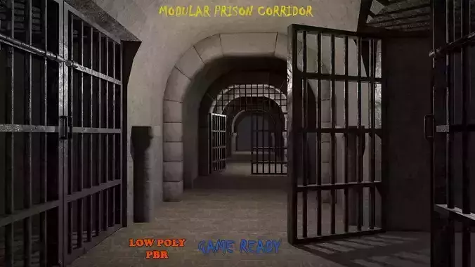 Modular Prison Hall and Rooms PBR Low-poly 3D model