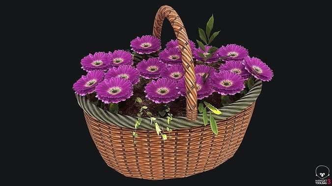 Wicker Basket with Flower PBR Low-poly 3D model