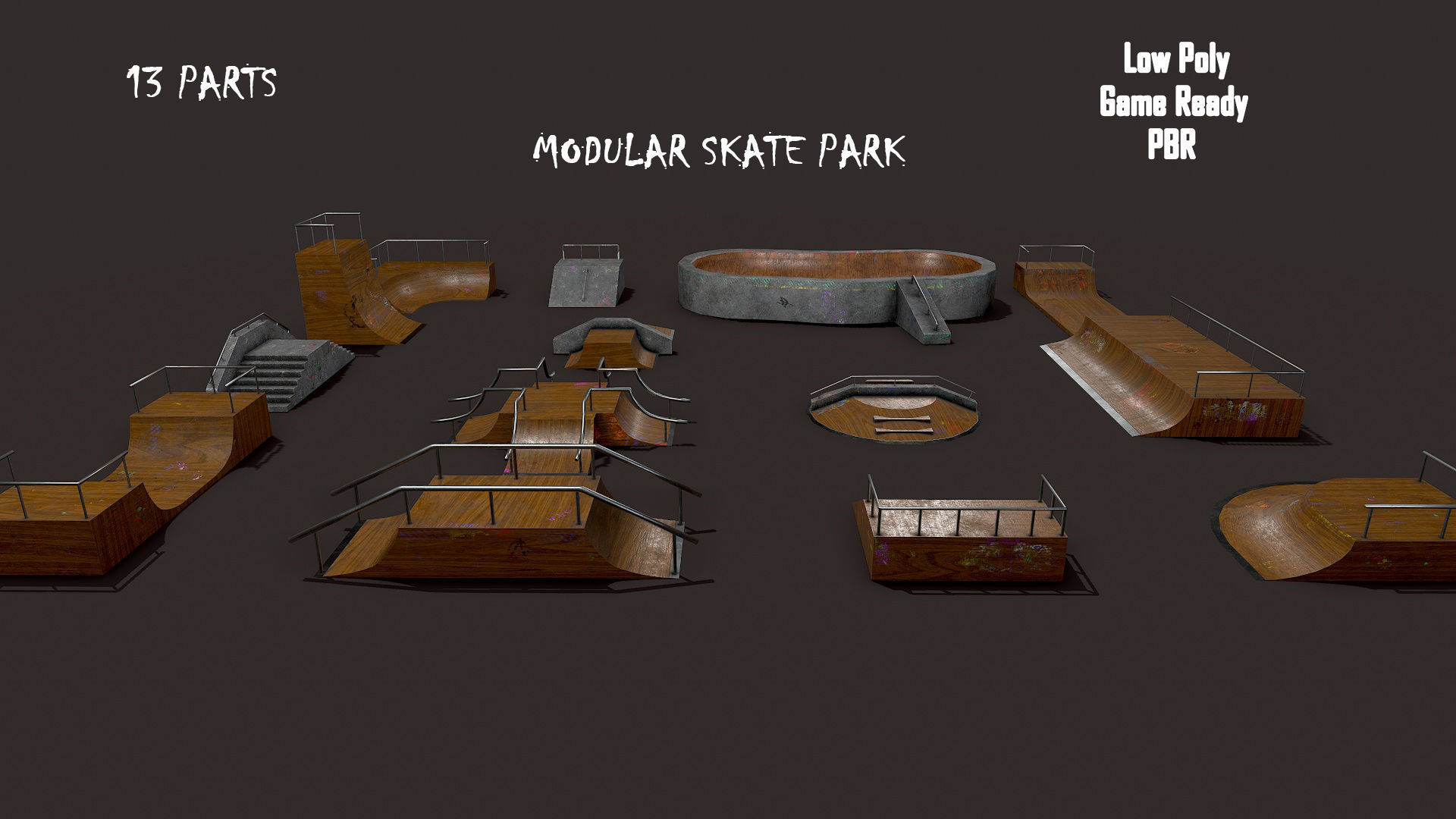 Lowpoly Modular Skatepark - 13 different ramps Low-poly 3D model_2