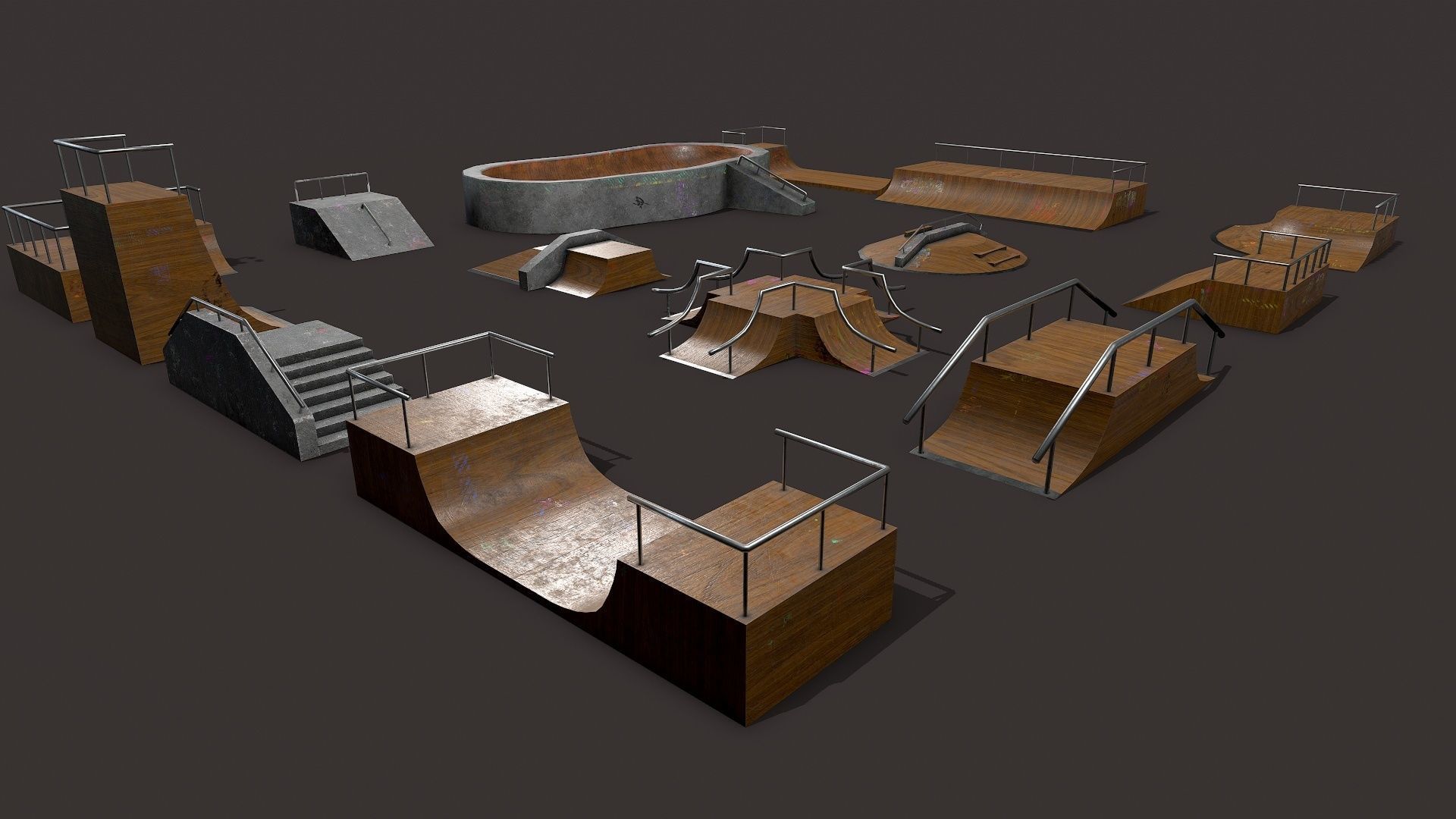 Lowpoly Modular Skatepark - 13 different ramps Low-poly 3D model_4